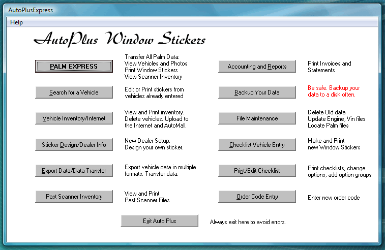 AutoPlus Main Menu